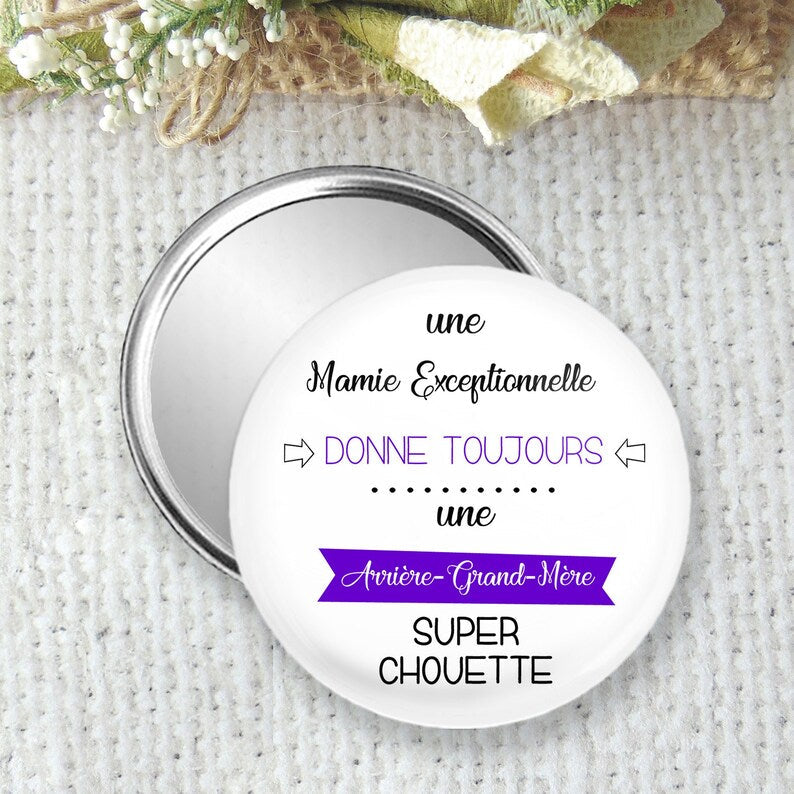 Miroir de poche, badge ou magnet personnalisé 75mm, pour annoncer une grossesse à grand-mère, Tu vas être arrière grand-mère, devinette