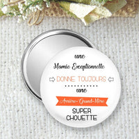 Miroir de poche, badge ou magnet personnalisé 75mm, pour une annonce de grossesse avec texte, Tu vas être arrière grand-mère, bébé arrive