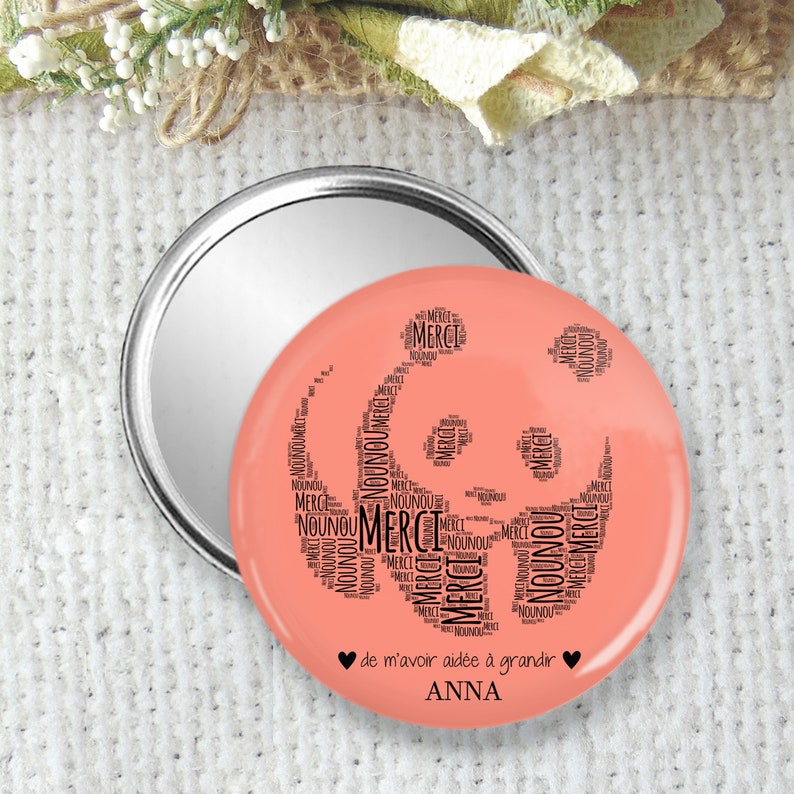 Miroir de poche, badge ou magnet personnalisable 7.5cm, cadeau pour atsem, maitresse, nounou, idéal en fin d'année scolaire, cadeau pas cher