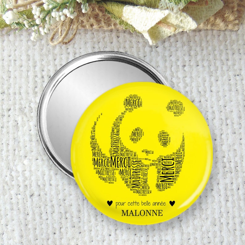 Miroir de poche, badge ou magnet personnalisable 7.5cm, cadeau pour atsem, maitresse, nounou, idéal en fin d'année scolaire, cadeau pas cher