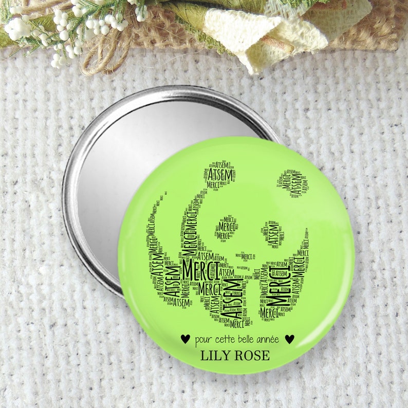 Miroir de poche, badge ou magnet personnalisable 7.5cm, cadeau pour atsem, maitresse, nounou, idéal en fin d'année scolaire, cadeau pas cher