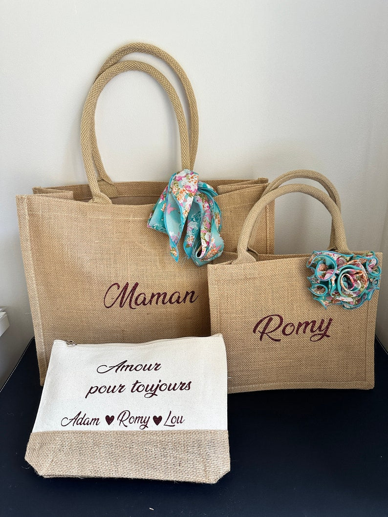 Special offer, personalized set of two shopping bags and a beauty bag, gift for a mother and her child, handmade in France