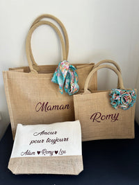 Special offer, personalized set of two shopping bags and a beauty bag, gift for a mother and her child, handmade in France