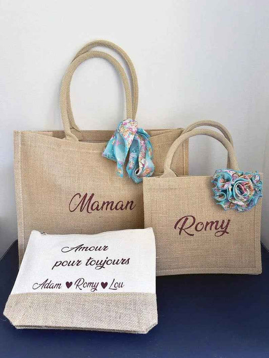 Special offer, personalized set of two shopping bags and a beauty bag, gift for a mother and her child, handmade in France