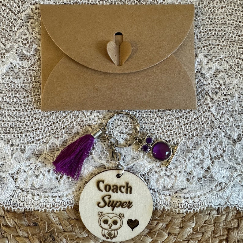 Personalized key ring, free gift bag, coach gift, sports teacher gift, engraved wood, owl charm, pearl, pompom, French