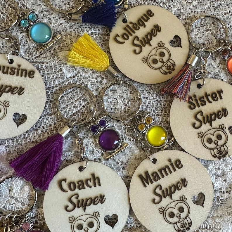 Personalized key ring, free gift bag, coach gift, sports teacher gift, engraved wood, owl charm, pearl, pompom, French