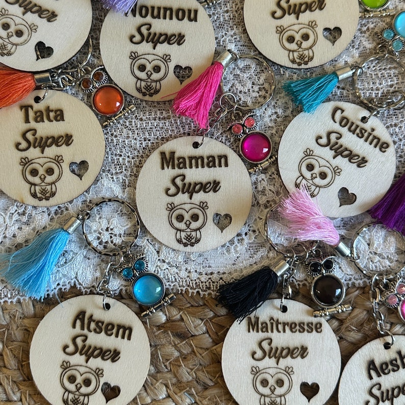 Personalized key ring, free gift bag, coach gift, sports teacher gift, engraved wood, owl charm, pearl, pompom, French