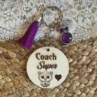 Personalized key ring, free gift bag, coach gift, sports teacher gift, engraved wood, owl charm, pearl, pompom, French