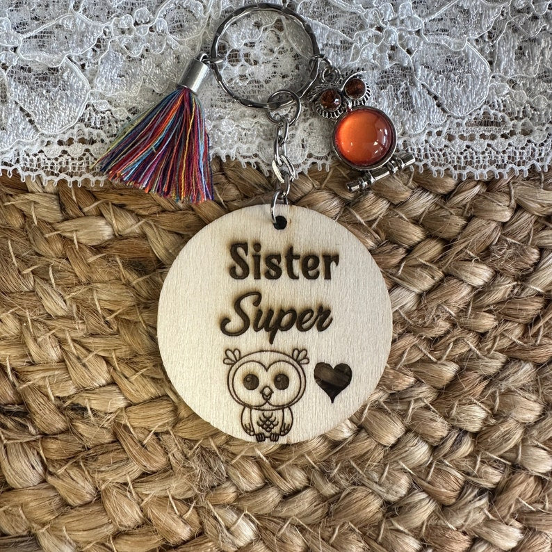 Personalized key ring with gift pouch, sister gift, personalized gift for family, engraved wood, owl charm, pearl, pompom