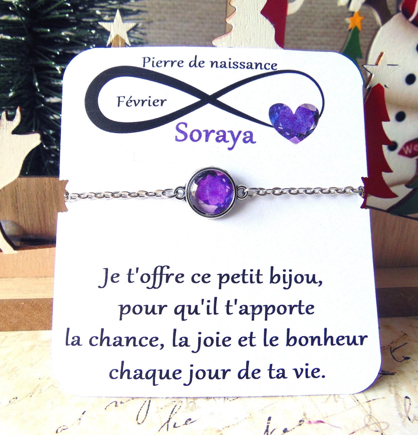 Bracelet Pierre de naissance Févier (Améthyste) _ Bracelet chaine en acier inoxydable, carte personnalisable prénom et texte