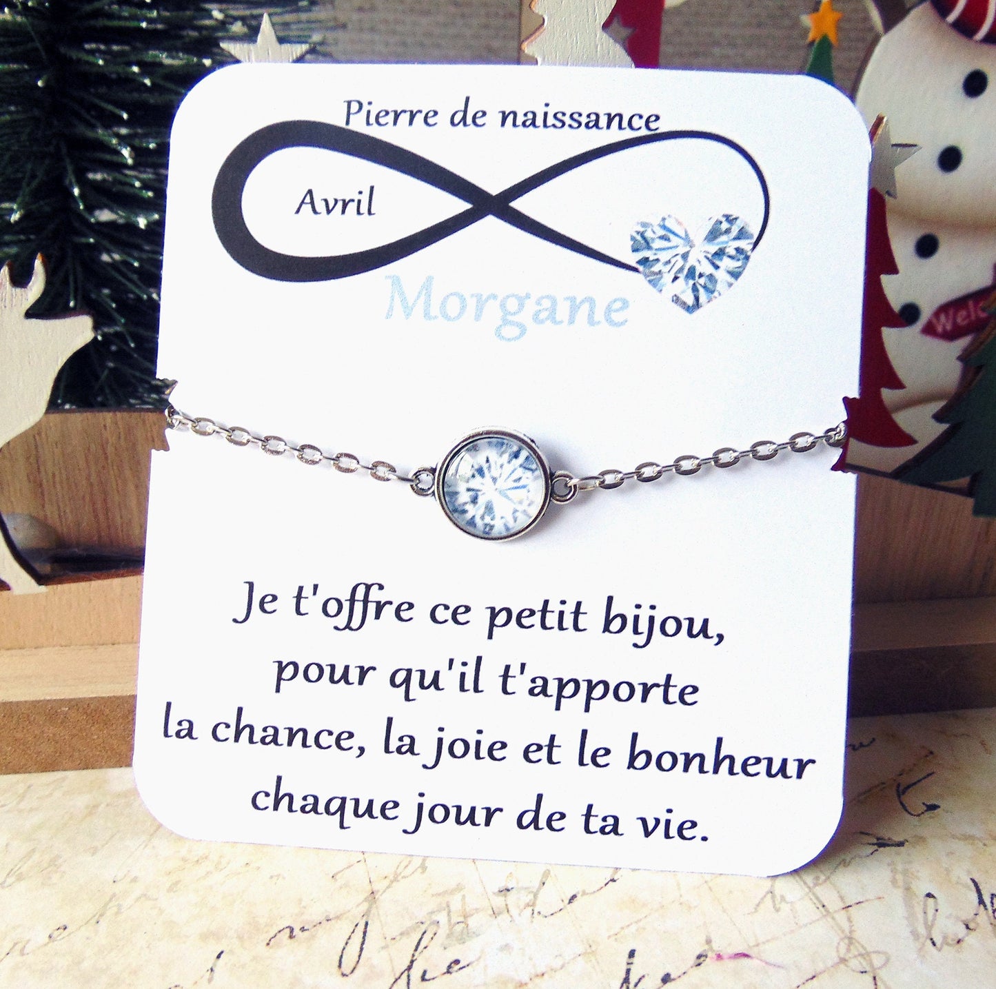 Bracelet Pierre de naissance Avril (Diamant) _ Bracelet chaine en acier inoxydable, carte personnalisable prénom et texte