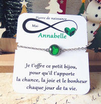 Bracelet Pierre de naissance Mai (émeraude) _ Bracelet chaine en acier inoxydable, carte personnalisable prénom et texte