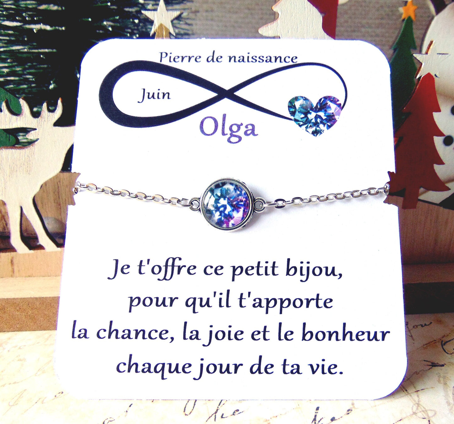 Bracelet Pierre de naissance Juin (perle de lune) _ Bracelet chaine en acier inoxydable, carte personnalisable prénom et texte