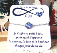 Bracelet Pierre de naissance Juin (perle de lune) _ Bracelet chaine en acier inoxydable, carte personnalisable prénom et texte