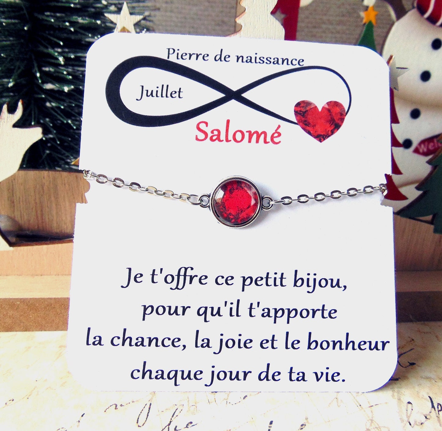 Bracelet Pierre de naissance Juillet (rubis) _ Bracelet chaine en acier inoxydable, carte personnalisable prénom et texte