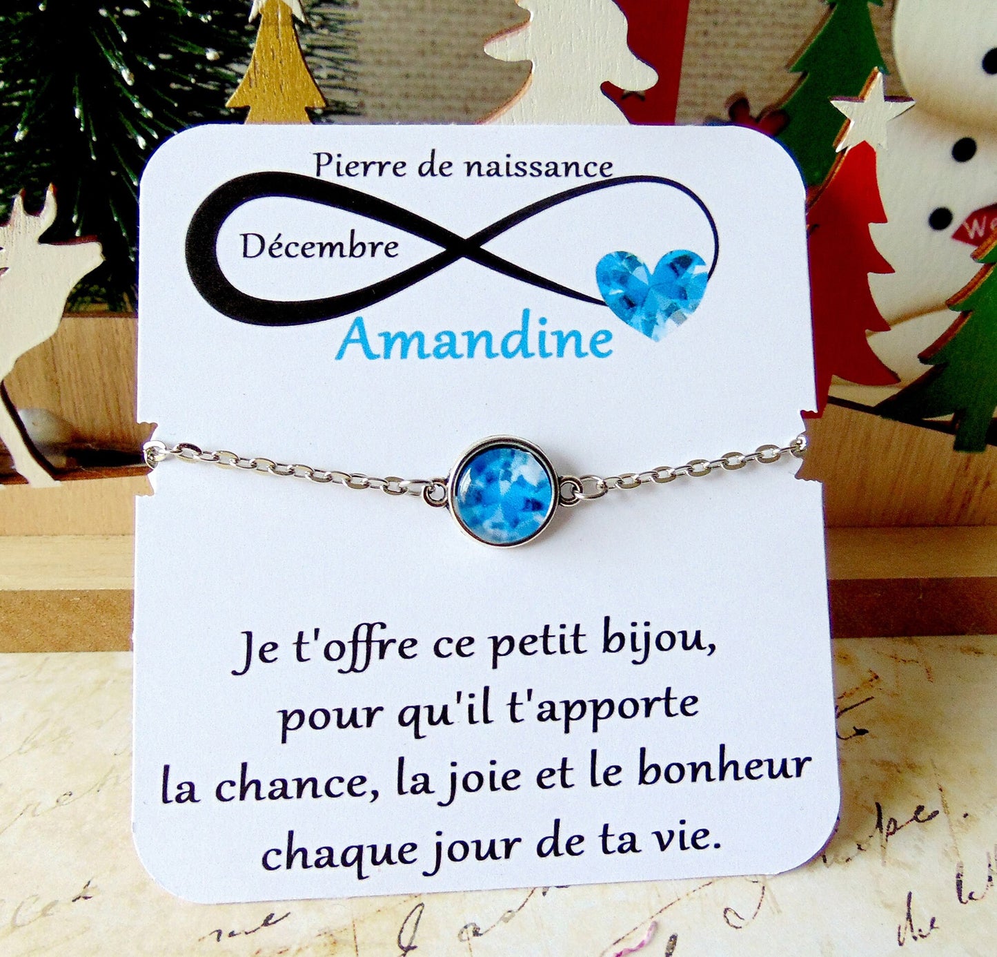 Bracelet Pierre de naissance Décembre (topaze bleue) _ Bracelet chaine en acier inoxydable, carte personnalisable prénom et texte