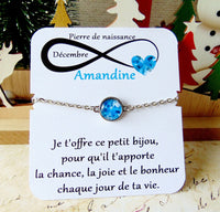 Bracelet Pierre de naissance Décembre (topaze bleue) _ Bracelet chaine en acier inoxydable, carte personnalisable prénom et texte