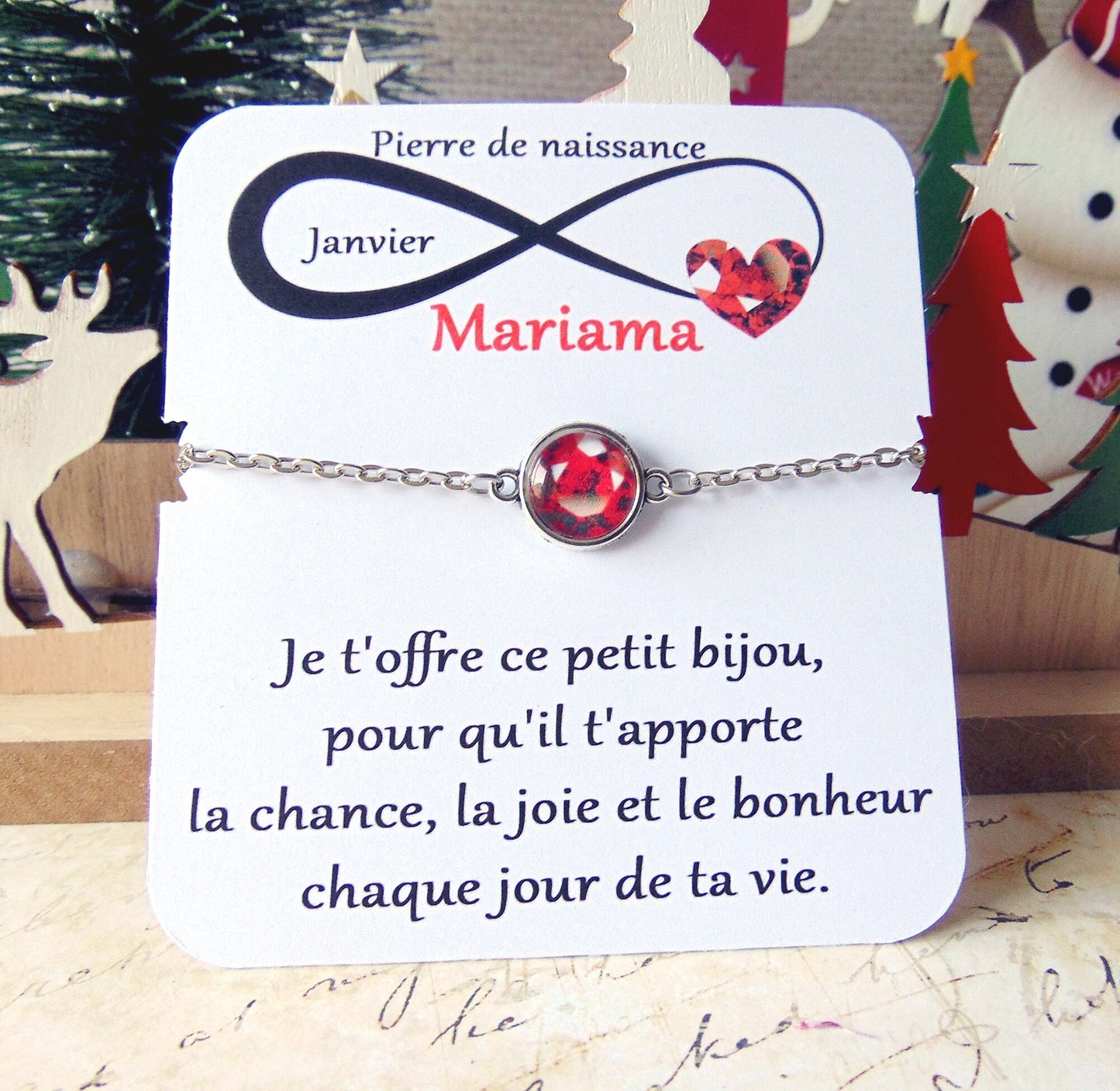 Bracelet Pierre de naissance Janvier (Grenat) _ Bracelet chaine en acier inoxydable, carte personnalisable prénom et texte