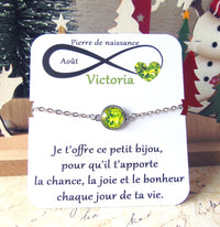 Bracelet Pierre de naissance Août (péridot) _ Bracelet chaine en acier inoxydable, carte personnalisable prénom et texte