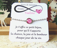 Bracelet Pierre de naissance Octobre (tourmaline) _ Bracelet chaine en acier inoxydable, carte personnalisable prénom et texte