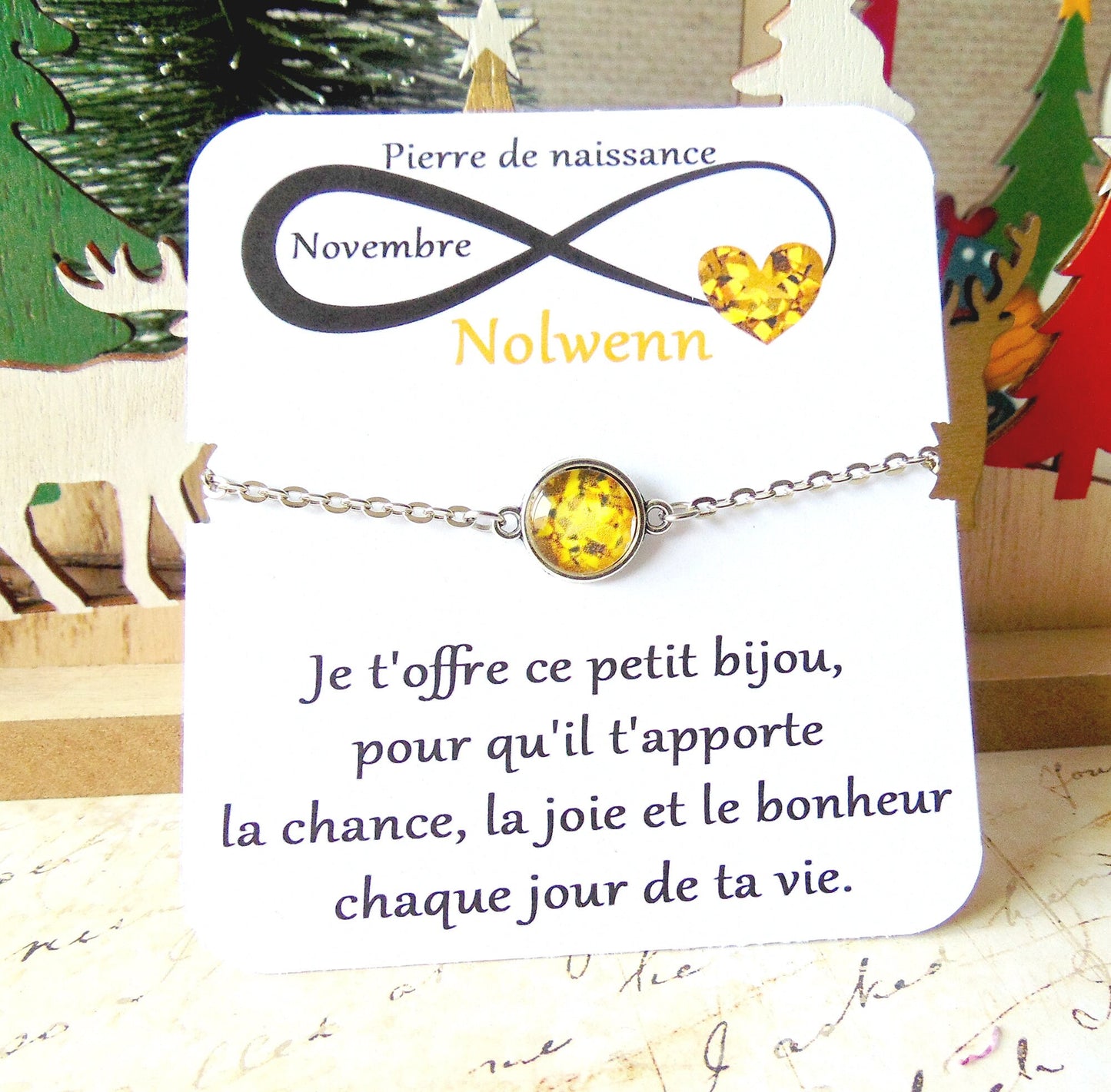 Bracelet Pierre de naissance Novembre (citrine ou topaze dorée) _ Bracelet chaine en acier inoxydable, carte personnalisable prénom et texte