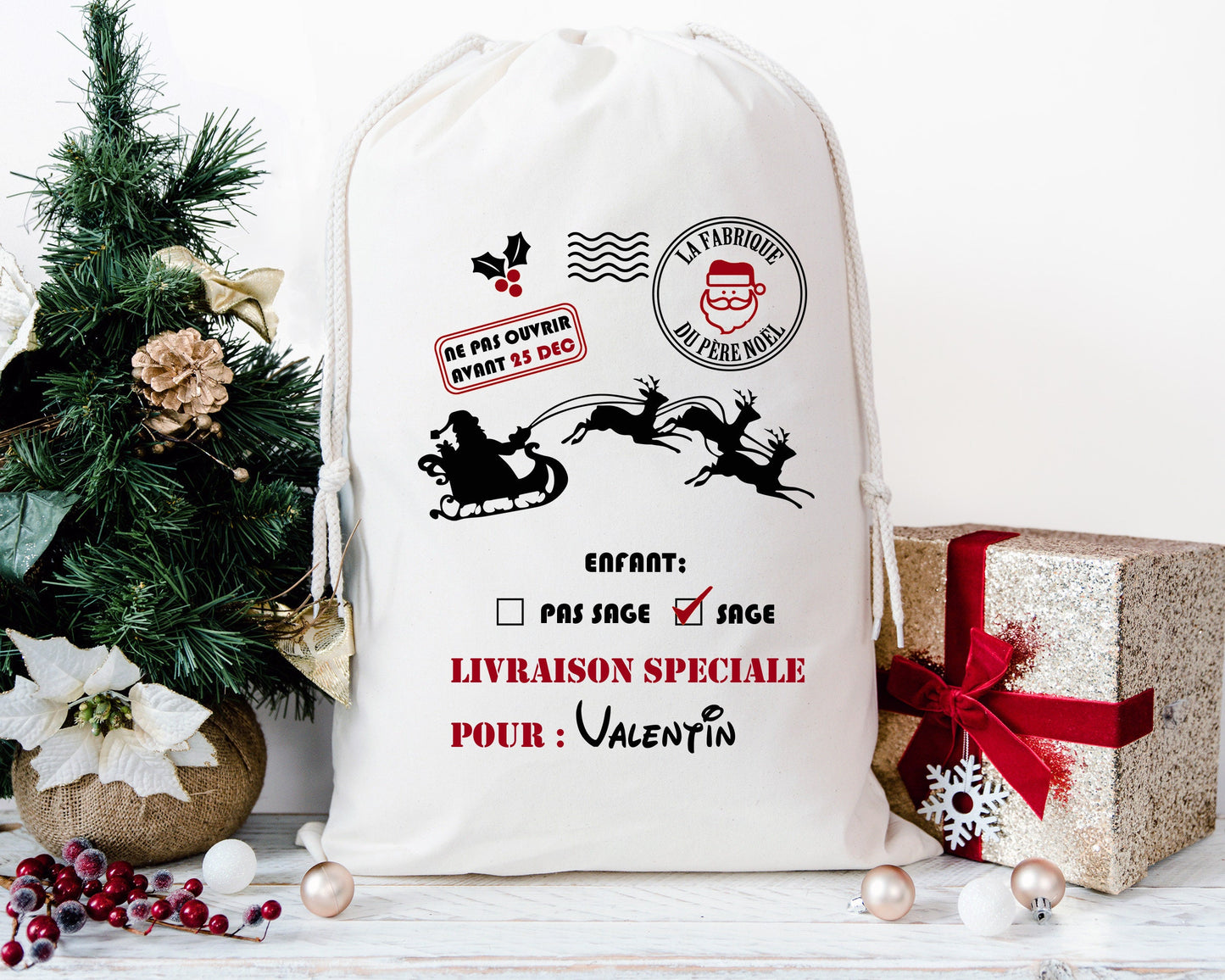 Hotte de noël personnalisable, sac de noël