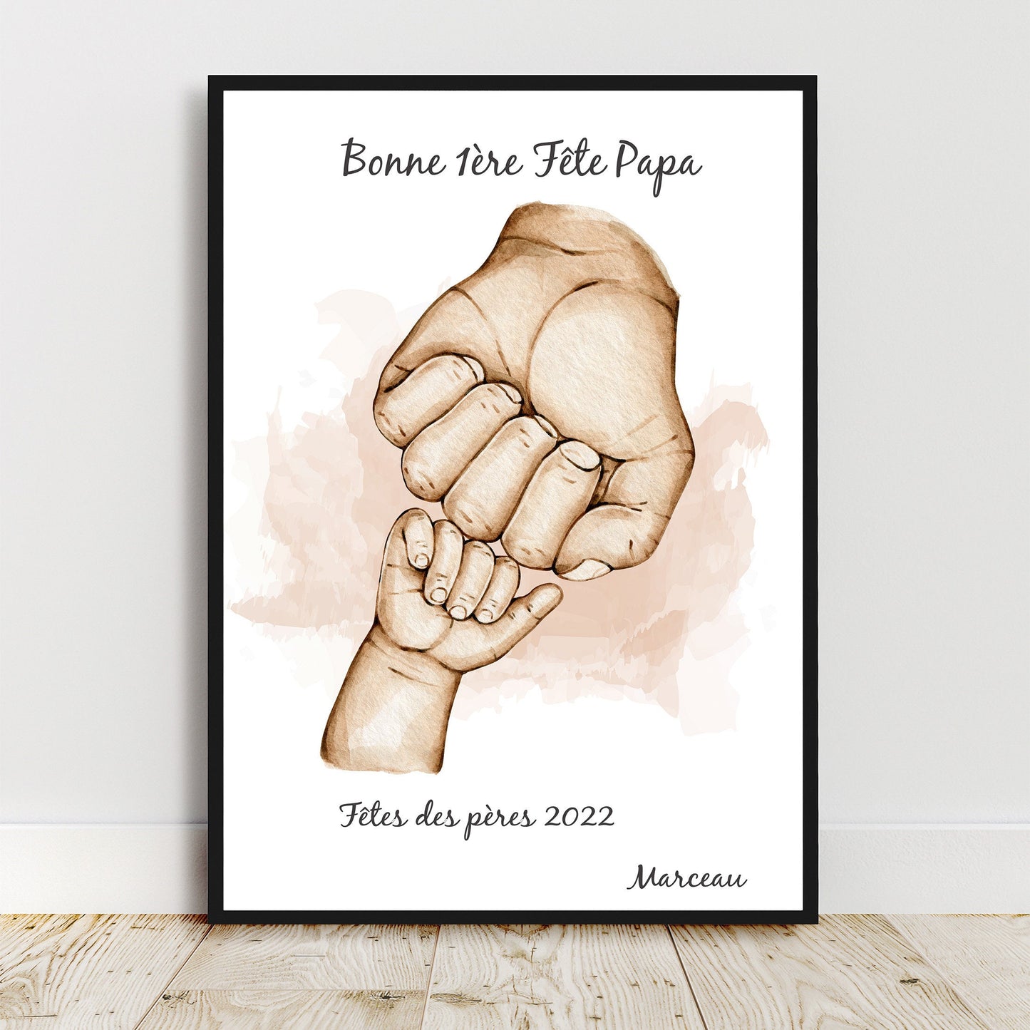 Portrait personnalisé, affiche A4 fête des papas, cadeau fête des pères, main papa et enfant, couleur et texte personnalisables, cadeau noël