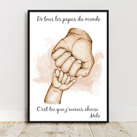 Portrait personnalisé, affiche A4 fête des papas, cadeau fête des pères, main papa et enfant, couleur et texte personnalisables, cadeau noël