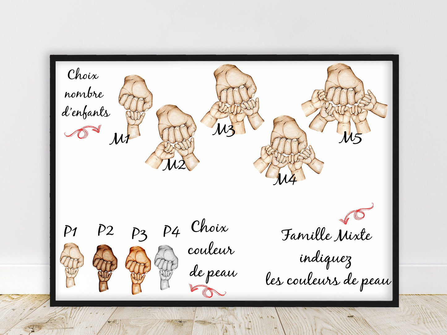 Portrait personnalisé Noir et blanc, affiche a4 cadeau fête des pères, cadeau fête des mères, main famille, couleur et texte personnalisable