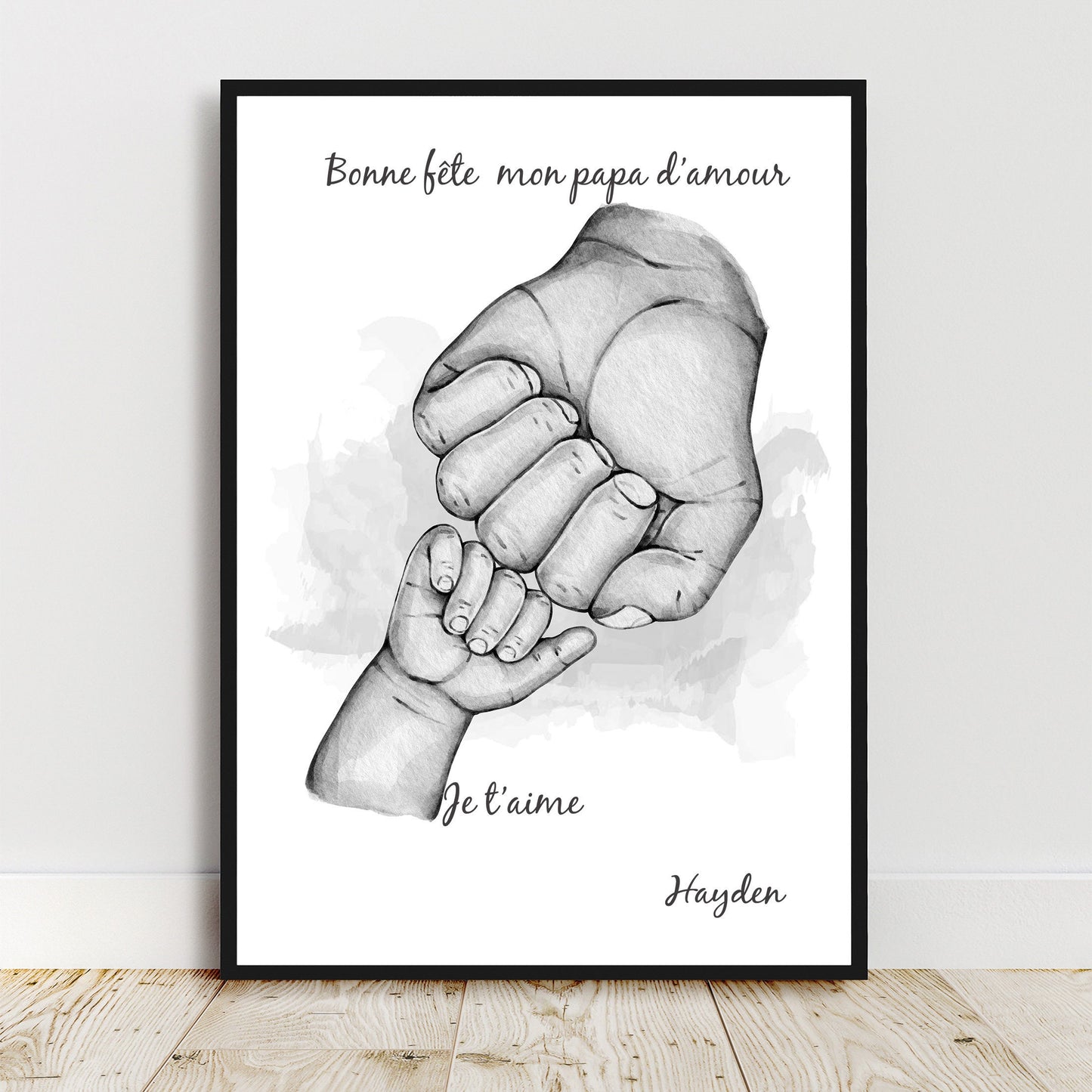 Portrait personnalisé, affiche A4 fête des papas, cadeau fête des pères, main papa et enfant, couleur et texte personnalisables, cadeau noël