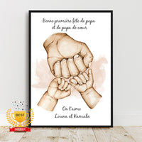 Bon anniversaire papa, Portrait personnalisé, Affiche a4 cadeau fête des pères, Famille main dans la main, couleur et texte personnalisables