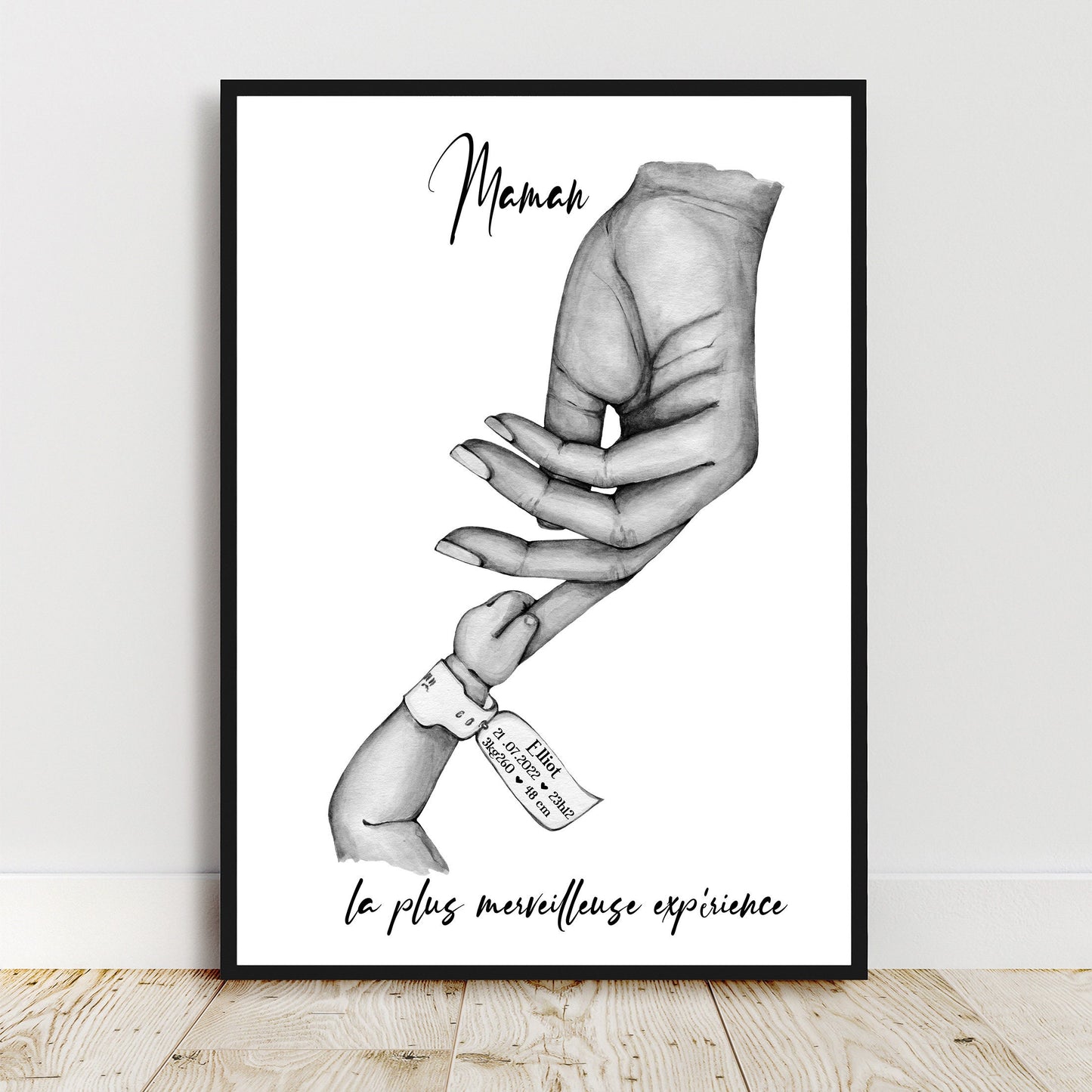 Cadeau de naissance pour maman, Affiche A4 bracelet de naissance, main maman bébé, cadeau fête des pères, fêtes des mères, cadeau de noël