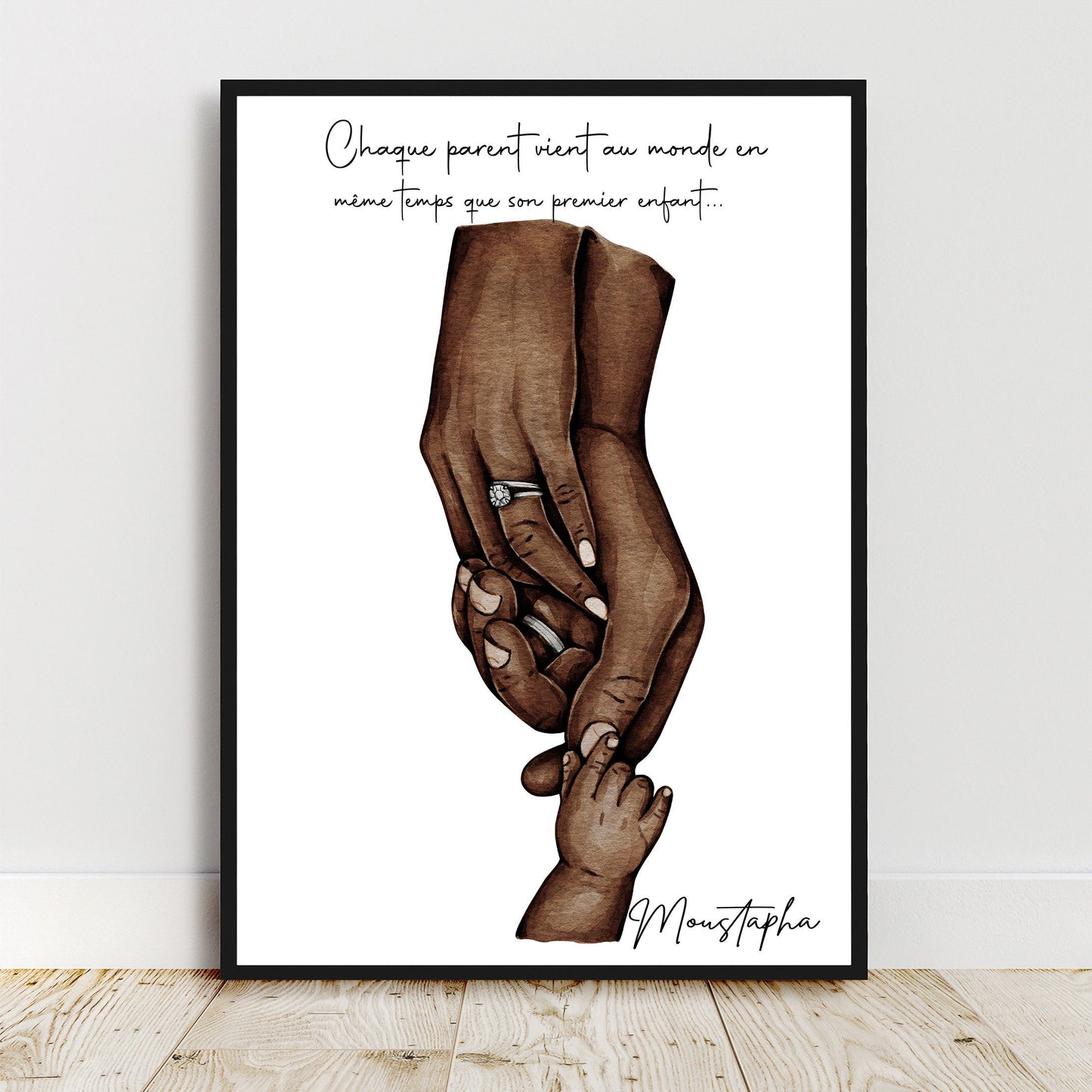 Cadeau de NAISSANCE personnalisé, cadeau pour couple mixte Affiche A4 |A3 parents et bébé, Cadeau couple métissé, cadeau personnalisé noël