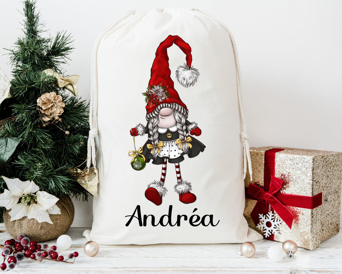 Hotte de noël personnalisable, sac de noël gnome, emballage écologique