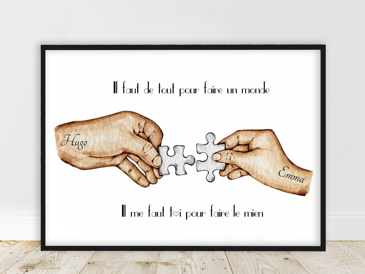 Cadeau saint valentin, Portrait personnalisé, Couple puzzle complémentaire, texte et couleur personnalisable, cadeau pour amoureux,