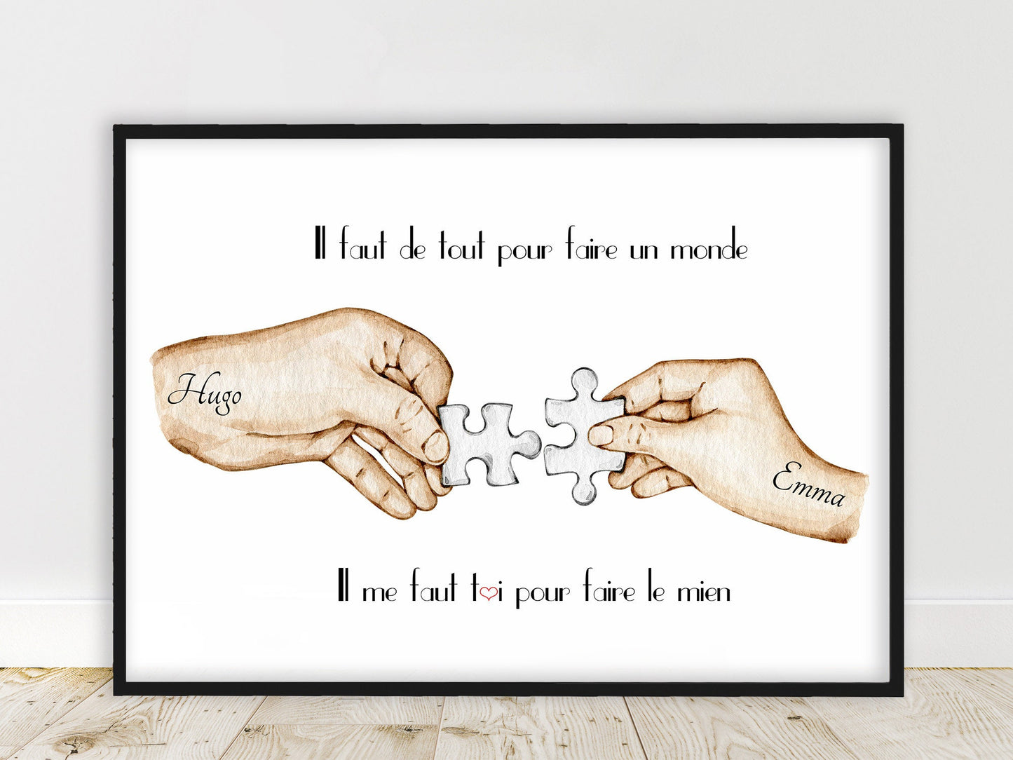 Cadeau saint valentin, Portrait personnalisé, Couple puzzle complémentaire, texte et couleur personnalisable, cadeau pour amoureux,