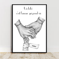 Affiche A3 IMPRIMEE et expédiée, Cadeau de naissance personnalisé, affiche parents et bébé , cadeau fête des pères, fête des mères