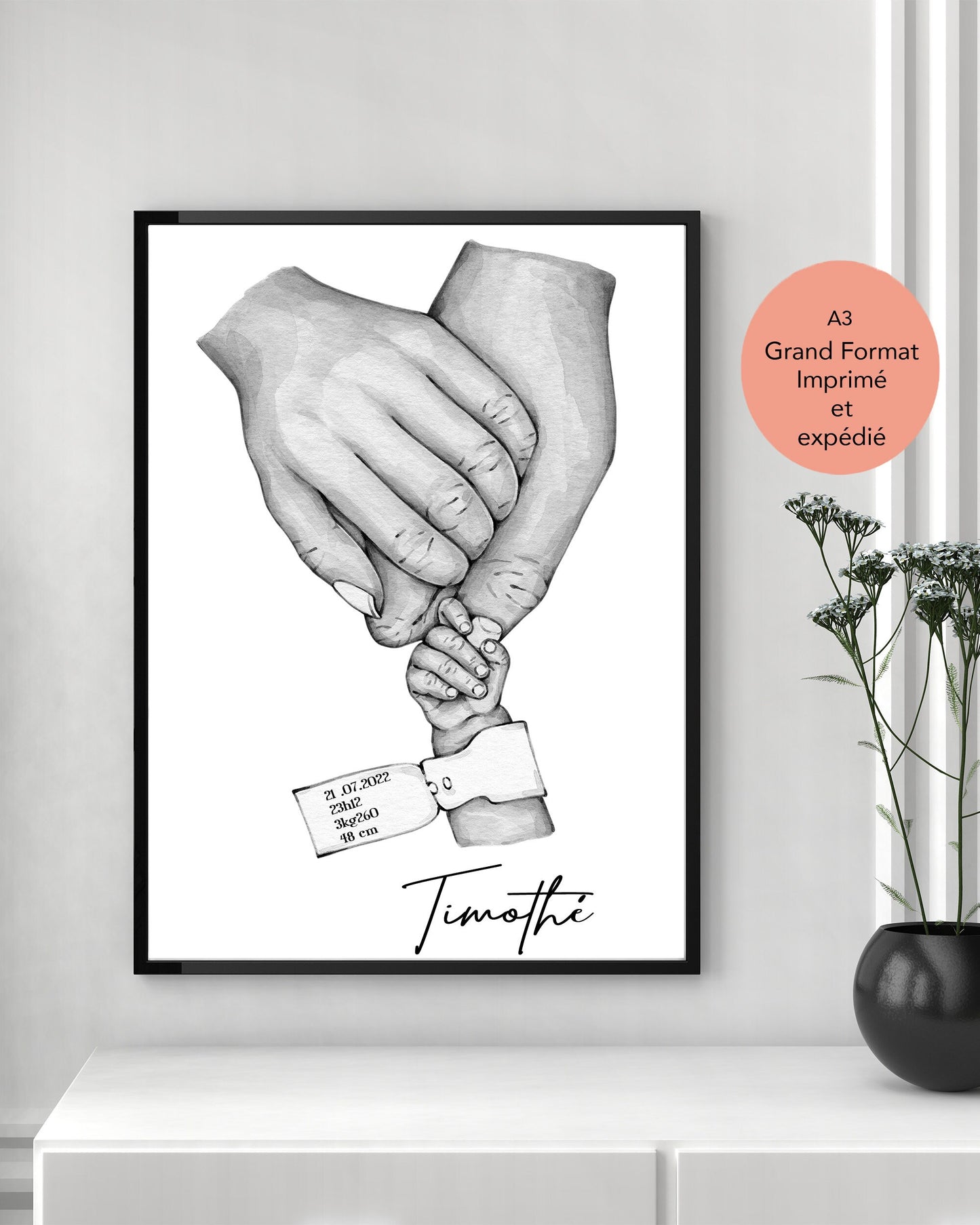 Affiche Bébé Personnalisée Avec Bracelet De Naissance - Imprimée Et Expédiée Depuis La France - Cadeau Unique Pour Chambre D'enfant - Idée Cadeau Fête Des Mères Et Des Pères