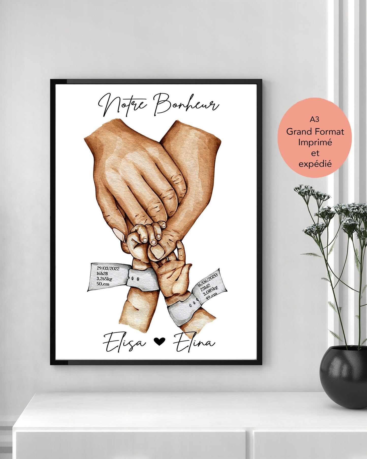 Affiche A3 IMPRIMEE et expédiée BRACELET de NAISSANCE deux enfants, Cadeau de naissance personnalisé, cadeau fête des pères, fête des mères