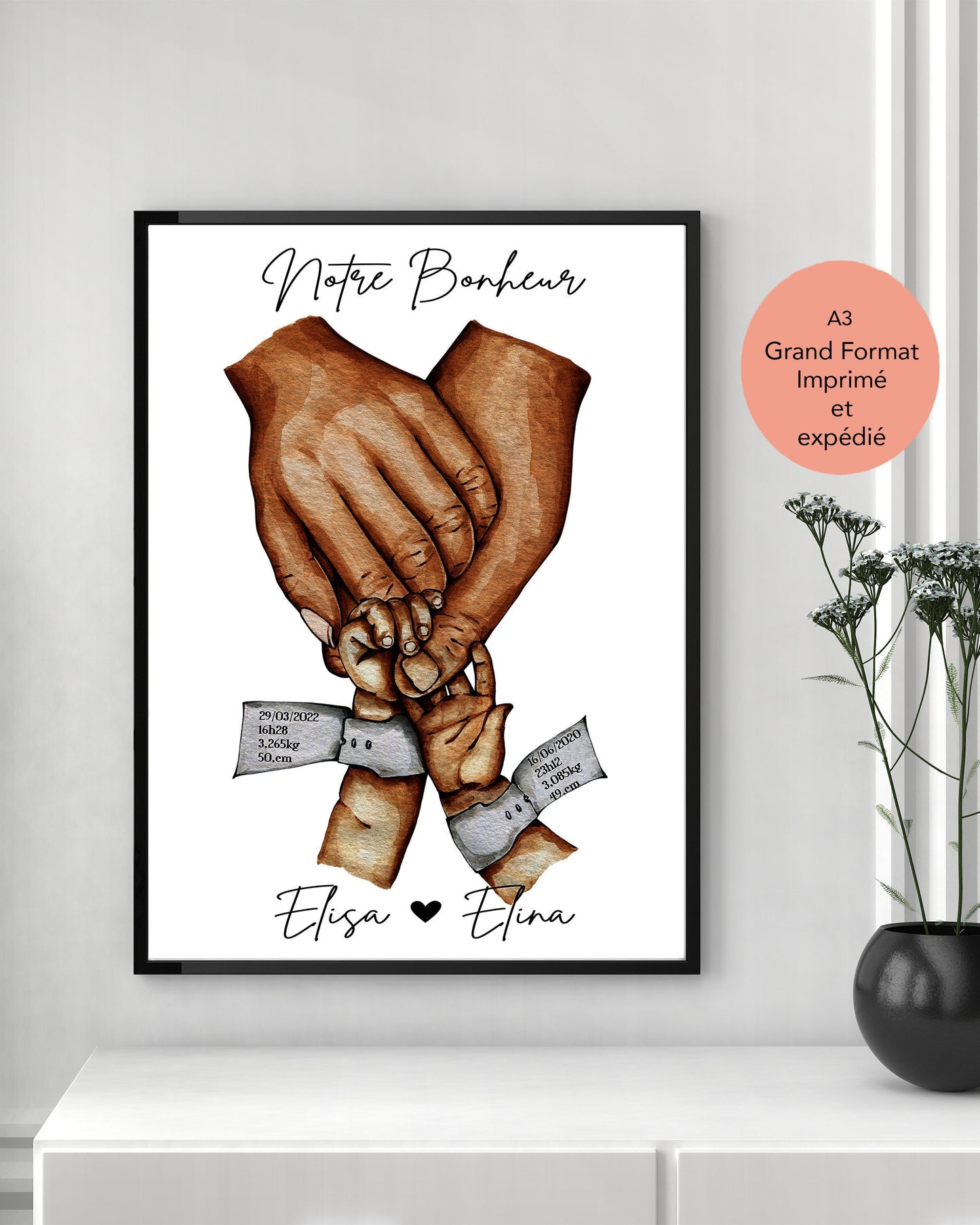 Affiche A3 IMPRIMEE et expédiée BRACELET de NAISSANCE deux enfants, Cadeau de naissance personnalisé, cadeau fête des pères, fête des mères