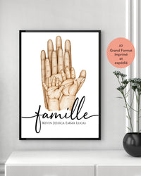 Affiche A3 IMPRIMEE et expédiée, cadeau famille mains et couleurs personnalisées,  Portrait famille, cadeau pour papa, cadeau pour maman