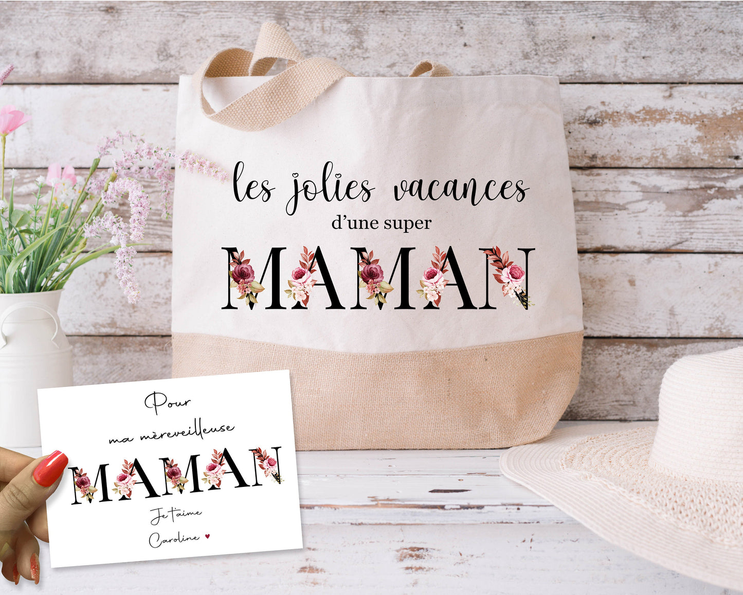 Tote Bag Personnalisable avec Carte Message - Sac Fourre-Tout en Coton Durable - Made in France - Idée Cadeau Pour Femme - Expédition Rapide