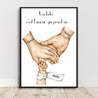 Affiche A3 IMPRIMEE et expédiée, Cadeau de naissance personnalisé, affiche parents et bébé , cadeau fête des pères, fête des mères