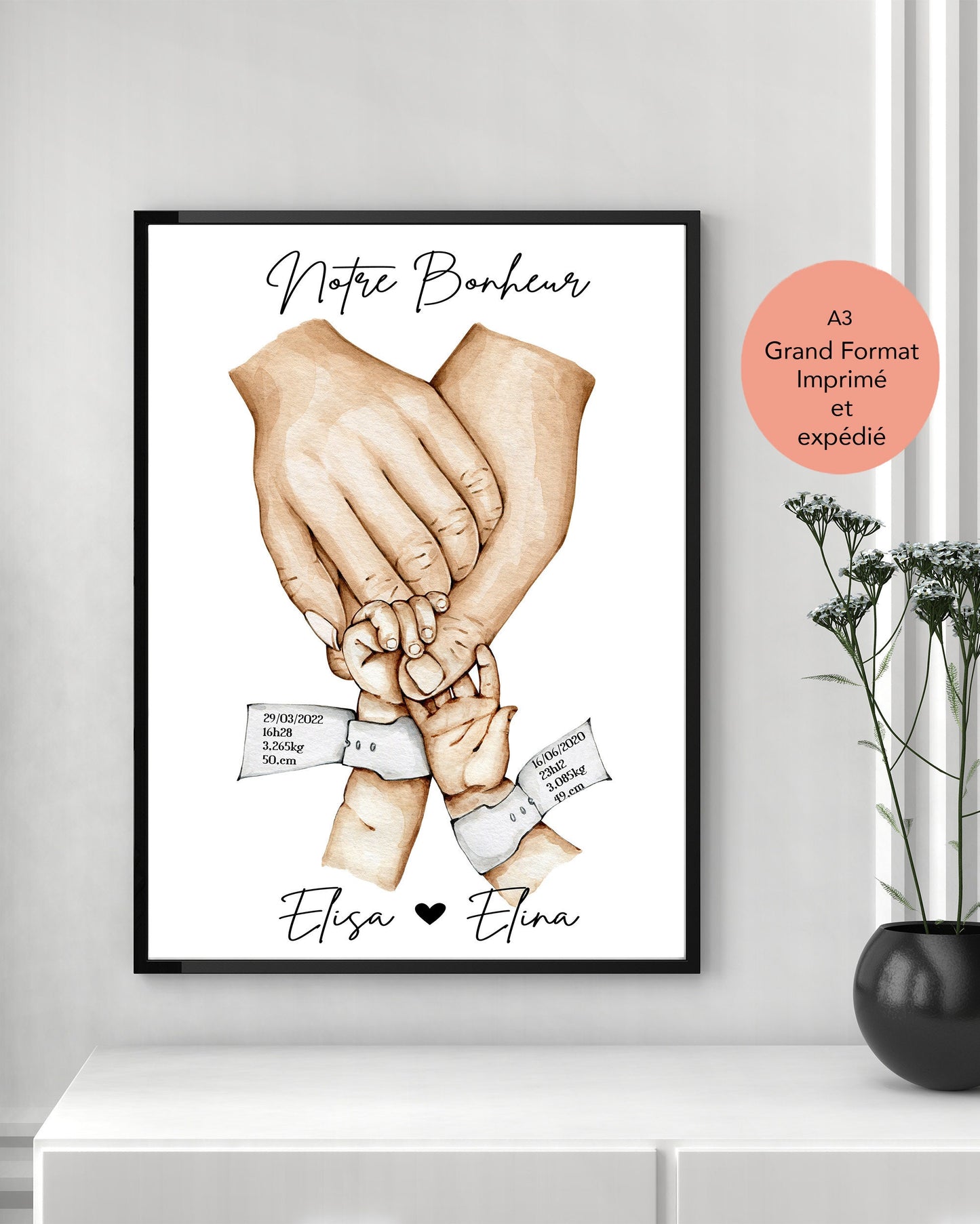 Affiche A3 IMPRIMEE et expédiée BRACELET de NAISSANCE deux enfants, Cadeau de naissance personnalisé, cadeau fête des pères, fête des mères