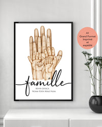 Affiche A3 IMPRIMEE et expédiée, cadeau famille mains et couleurs personnalisées,  Portrait famille, cadeau pour papa, cadeau pour maman