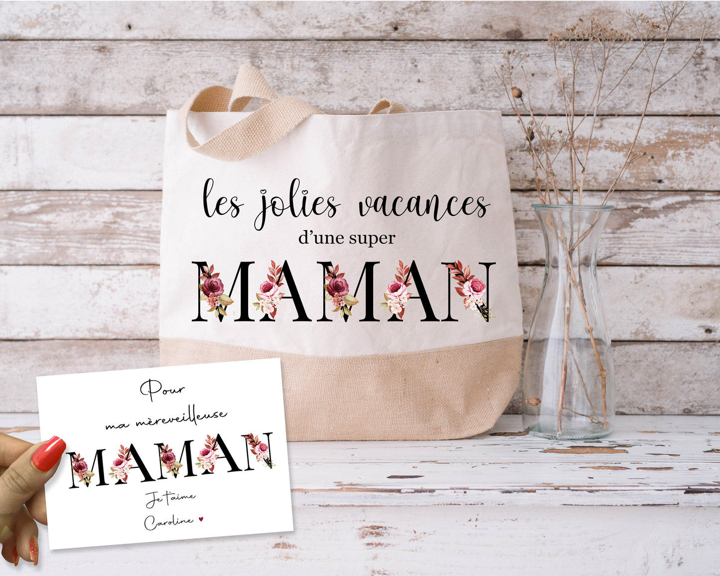 Tote Bag Personnalisable avec Carte Message - Sac Fourre-Tout en Coton Durable - Made in France - Idée Cadeau Pour Femme - Expédition Rapide