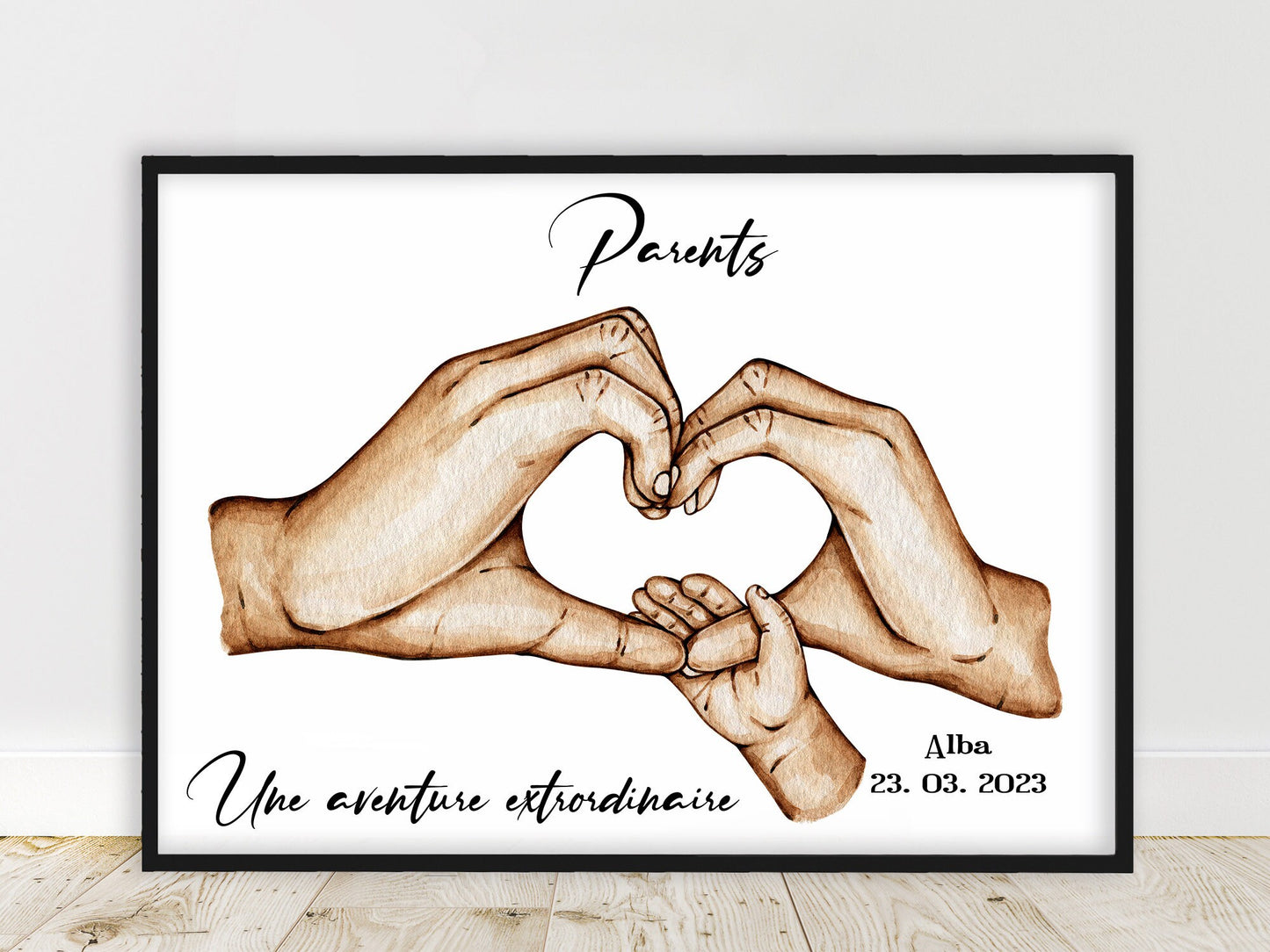 Cadeau de naissance pour nouveaux parents, Affiche A4 bracelet de naissance, main parents et bébé, cadeau fête des pères, fêtes des mères