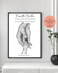 Affiche A3 IMPRIMEE et expédiée, Cadeau mains FAMILLE,  Cadeau fête des pères,  Cadeau parents et enfants personnalisable, cadeau naissance