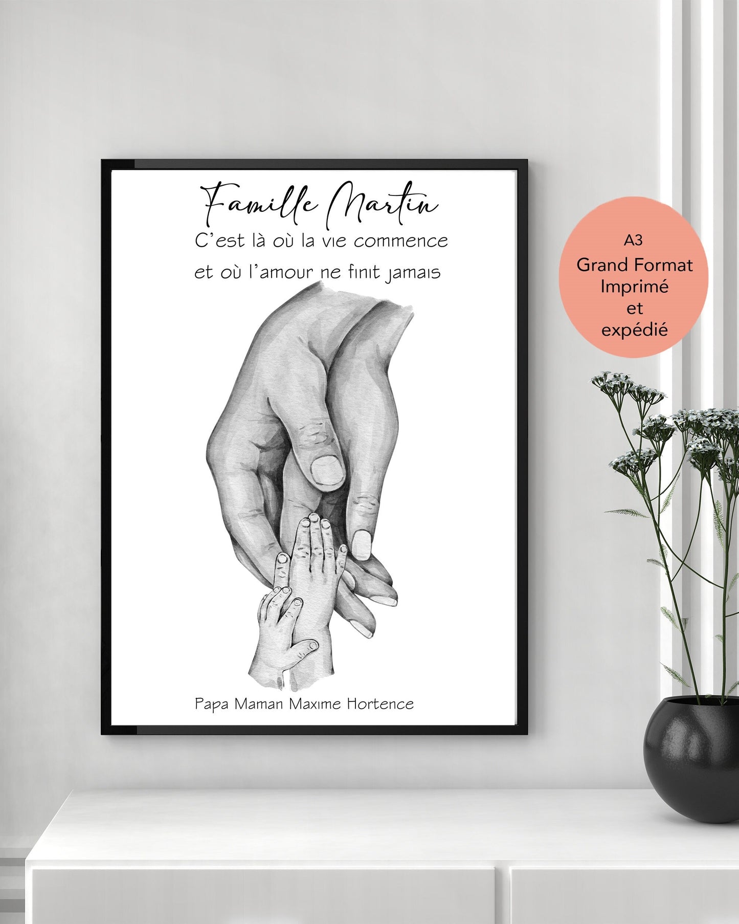 Affiche A3 IMPRIMEE et expédiée, Cadeau mains FAMILLE,  Cadeau fête des pères,  Cadeau parents et enfants personnalisable, cadeau naissance