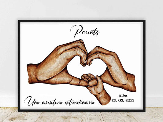 Cadeau de naissance pour nouveaux parents, Affiche A4 bracelet de naissance, main parents et bébé, cadeau fête des pères, fêtes des mères